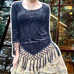 True Vintage y2k Geometric Velvet Burnout Sheer Shirt with Ornate Fringe, Size S